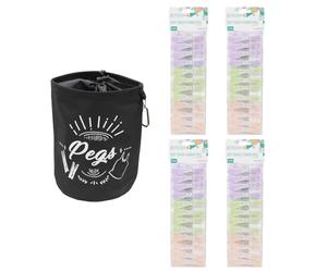 JVL Large Black Peg Bag with 96 Soft Touch Flower Clothes Pegs - Hanging Peg Storage - Assorted Colours