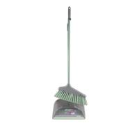JVL Long Handle Dustpan and Brush Set - Upright Broom and Pan, Stand Up Cleaning Set, Easy Sweep Floor Cleaner, Grey