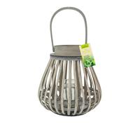 JVL Luna Natural Bulb Shaped Willow Wood Lantern With Wooden Handle, Grey Wash