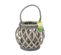 JVL Luna Natural Round Willow Wood Lantern With Braided Rope Handle, Grey Wash