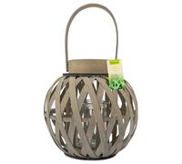 JVL Luna Natural Round Wood Lantern With Handle, Antique Wash