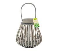 JVL Luna Set of 2 Natural Bulb Shaped Willow Wood Lantern With Wooden Handle, Grey Wash