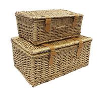 JVL Luxury Rectangular Buff Willow Picnic Hamper Baskets, Set of 2