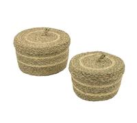 JVL Palma Natural Round Lidded Woven Storage Baskets for Home Organisation, Set of 2, Brown