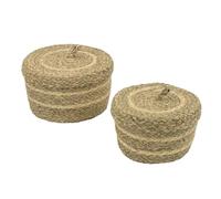 JVL Palma Set of 2 Natural Round Storage Baskets with Lids - Woven Organizer for Toys, Laundry & Home Storage