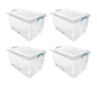 JVL Plastic Clip Lidded Storage Box with Wheels, Stackable and Nestable, Clear, Set of 4, 50L