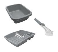 JVL Plastic Dish Drainer with Rectangular Washing Up Bowl & Soap Dispensing Dish Brush - Grey Kitchen Sink Drainer Rack & Washing Up Cleaning Bundle
