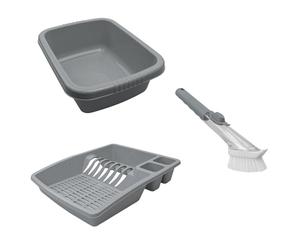 JVL Plastic Dish Drainer with Rectangular Washing Up Bowl & Soap Dispensing Dish Brush - Grey Kitchen Sink Drainer Rack & Washing Up Cleaning Bundle