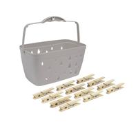 JVL Plastic Peg Basket, Grey with 102 Birch Wood Pegs, Brown