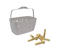 JVL Plastic Peg Basket, Grey with 24 Wooden Retro Pegs, Brown