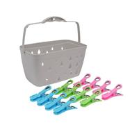 JVL Plastic Peg Basket, Grey with 48 Prism Clip Pegs with Hooks, Multi