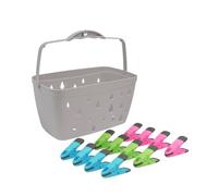 JVL Plastic Peg Basket, Grey with 48 Prism Soft Touch Clip Pegs, Multi