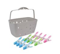 JVL Plastic Peg Basket, Grey with 48 Prism Soft Touch Leaf Design Plastic Pegs, Multi