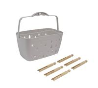 JVL Plastic Peg Basket, Grey with 48 Wooden Dolly Pegs, Brown