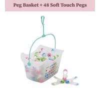 Plastic Peg Basket with 48 Prism Soft Touch Mini Pegs, Multicolor JVL Clear 1 Pack