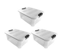 JVL Plastic Secure Clip Lidded Storage Box, Stackable & Nestable, Clear, Set of 3, 25L