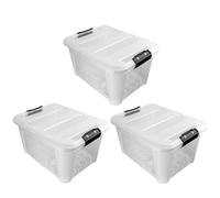 JVL Plastic Secure Clip Lidded Storage Box, Stackable & Nestable, Clear, Set of 3, 30L - 1