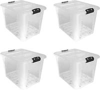 JVL Plastic Secure Clip Lidded Storage Box with Wheels, Set of 4, 60L in Clear JVL Clear
