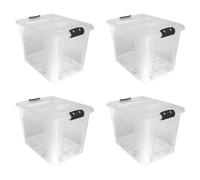 JVL Plastic Secure Clip Lidded Storage Box with Wheels, Stackable & Nestable, Clear, Set of 4, 60L