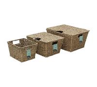 JVL Seagrass Set of 3 Rectangular Lidded Storage Storage Baskets, Natural