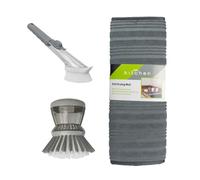 JVL Sesha Dish Drying Mat, Soap Dispensing Dish Brush with Refill Head & Soap Dispensing Scrubbing Brush - Kitchen Sink Draining Mat Cleaning Set