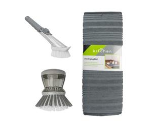 JVL Sesha Dish Drying Mat, Soap Dispensing Dish Brush with Refill Head & Soap Dispensing Scrubbing Brush - Kitchen Sink Draining Mat Cleaning Set