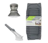JVL Sesha Dish Drying Mat with Rack, Soap Dispensing Dish Brush with Refill Head & Scrubbing Brush - Kitchen Sink Drainer Mat & Washing Up Cleaning Bundle