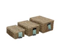 JVL Set of 3 Rectangular Seagrass Storage Baskets with Lids - Natural Woven Home Storage Organisers, Brown