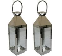 JVL Stainless Steel Hampton Indoor/Outdoor Candle Light Lanterns, Pair of Large