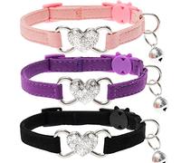 JVVGPET Cat Collar Breakaway - Rhinestones Cute Cat Collar with Bells Adjustable Comfort fit for Cat Puppy Kitten - Pink Purple Black Velvet Heart Shaped Bling Cat Collars Set