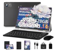 JVVQTB Tablet Android 14 10 Inch Octa Core 22GB RAM + 128GB ROM (1TB TF) | 5G + 2.4G WiFi | GPS| FHD | Bluetooth 5.0 | 8000mAh | 8MP + 5MP | Type C, Keyboard and Mouse-Dark Black