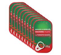 JW Skinless and Boneless Mackerel Fillets Variety Flavours and Sizes 115g Cans (Pack of 10, Tomato Sauce)