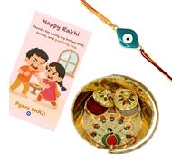 JWELLA Evil Eye Rakhi with Roli Kumkum, Funny Raksha Bandhan Card & Decorative Pooja Thali (10cm) | Rakhi Combo Gift Set for Brother, Pack of 1 with Big Thali, Brass, Rhinestone