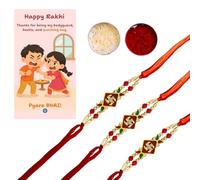 JWELLA Swastik Rakhi with Quirky Raksha Bandhan Card, Roli & Chawal | Traditional Rakhi Combo for Brother, One Size, Brass, Rhinestone