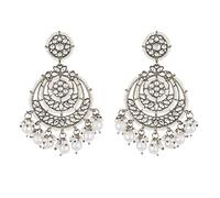 Jwellmart Fashion Bollywood Jewelry Statement Faux Pearl Kundan Stone Bridal Wedding Oxidized Black Silver Jhumkas Jhumki Indian Earring For Women, Metal, Cubic Zirconia