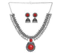 Jwellmart Indian Oxidized German Silver Stone Work Statement Choker Necklace Earrings Combo Fashion Jewelry Set for Women and Girls (Red)