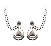 Jwellmart Indian Oxidized Jewelry Boho Vintage Layered Jhumka Jhumki ChandBali Dangle Statement Attached Hair Chain Earrings for Women, L, Zinc, No Gemstone