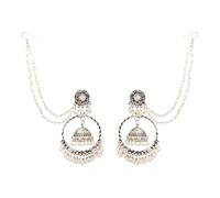 Jwellmart Indian Oxidized Jewelry Boho Vintage Layered Jhumka Jhumki ChandBali Dangle Statement Attached Hair Chain Earrings for Women, L, Zinc, No Gemstone