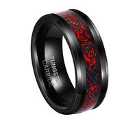 Jwicklirrng 8MM Dragon Tungsten Carbide Band Ring for Men Black Wedding Band Ring with Red Carbon Fiber Engagement Ring for Men Band Ring Gifts for Boyfriend Father, Metal, Cubic Zirconia