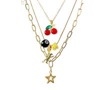 JWIGP 3pcs Cherry 8 Ball Necklace Set for Women, Gold Leopard Dice Star Charm Pendant Y2K Stackable Layered Necklaces Fashionable Classic Christmas Jewelry Gifts, L, Alloy Steel, No Gemstone