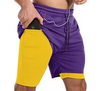JWJ Men's Running Athletic Workout Sports Mens 2 in 1 Shorts Breathable Gym Short for Men with Pocket, Purple Yellow, Large