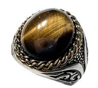 JWM Men's Stainless Steel Rings Retro Natural Large Tiger Eye Stone Rings for Men, Cocktail Party Biker Animal Rings, Delicate Packaging, Stainless Steel, Tiger Eye