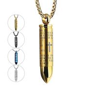 JWM Stainless Steel Bullet Pendants Cremation Urn Ashes Necklaces Cross Lords Prayer in English, 21.7" Square Pearl Chain, Stainless Steel, No Gemstone