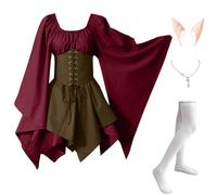 JWNYJFB Womens Pirate Costume - Cosplay Bat Sleeve Lace Up Corset Mini Dresses, Vampire Halloween Hocus Pocus Funny Princess Victorian Fairy Outfits Gothic Sexy Plus Size Dress for Women Red L