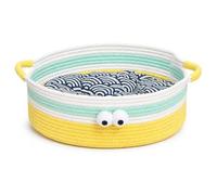 JWQFBC Big Eye Bed for Summer, Plant Fiber Material, Includes Cushion, Optional Cooling Mat, Playful Design, For Indoor Cats, Pet Sleeping, Big Eye Yellow with Blue Cotton Pad and Cooling Mat, S