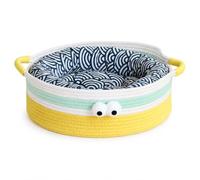 JWQFBC Big Eye Bed for Summer, Plant Fiber Material, Includes Cushion, Optional Cooling Mat, Playful Design, For Indoor Cats, Pet Sleeping, Big Eye Yellow with Blue Cotton Pad and Blue Pillow, L