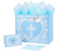 JWSCYSY 12.6" Large Blue Gift Bag with Metallic Silver Star Cross Design, Card and Tissue Paper for Baby Boy Baptisms, Christenings, First Communions Religious