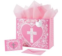 JWSCYSY 12.6" Large Pink Gift Bag with Metallic Silver Floral Cross Design, Card and Tissue Paper for Baby Girl Baptisms, Christenings, First Communions Religious
