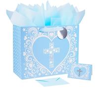 JWSCYSY 15.7" Extra Large Blue Gift Bag with Metallic Silver Star Cross Design, Card and Tissue Paper for Baby Boy Baptisms, Christenings, First Communions Religious