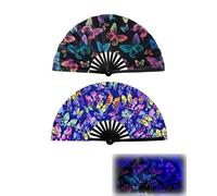 JWShang 2Pcs Large Folding UV Glow Rave Hand Fan with Butterfly Print, 13" Bamboo Clack Fans for Line Dancing, EDM Music Festival, Trailride, Disco, Neon, Club, Party Decorations (Butterfly-10+24)